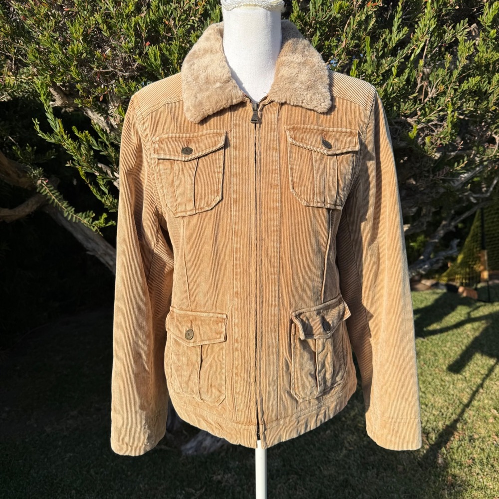 Esprit Tan Corduroy Faux Fur Collar Zip Front Utility Jacket Women's Medium